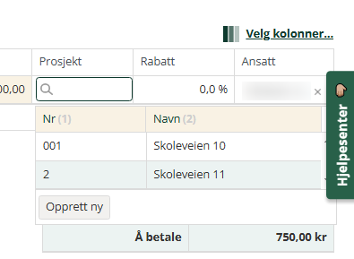 Slik vises nedtrekksmenyen for bærer på varelinjer i ordreskjermbildet