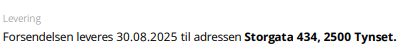 Slik ser det ut når både leveringsdato og leveringsadresse er utfylt i ordren