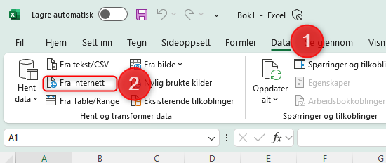 Arkfanen Data i Excel og knappen Fra internett