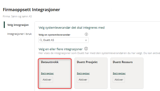 Integrasjonen Datauttrekk i firmaoppsett integrasjoner