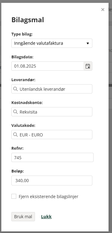 Bilagsmal for inngående valutafaktura