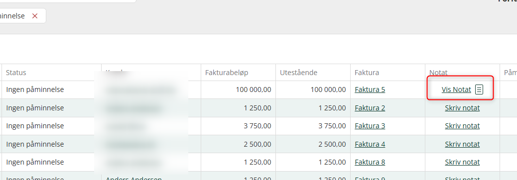 Vis notat på betalingspåminnelse
