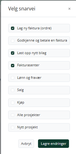 Sett hake for de funksjonene du ønsker at skal komme frem i boksen for snarveier