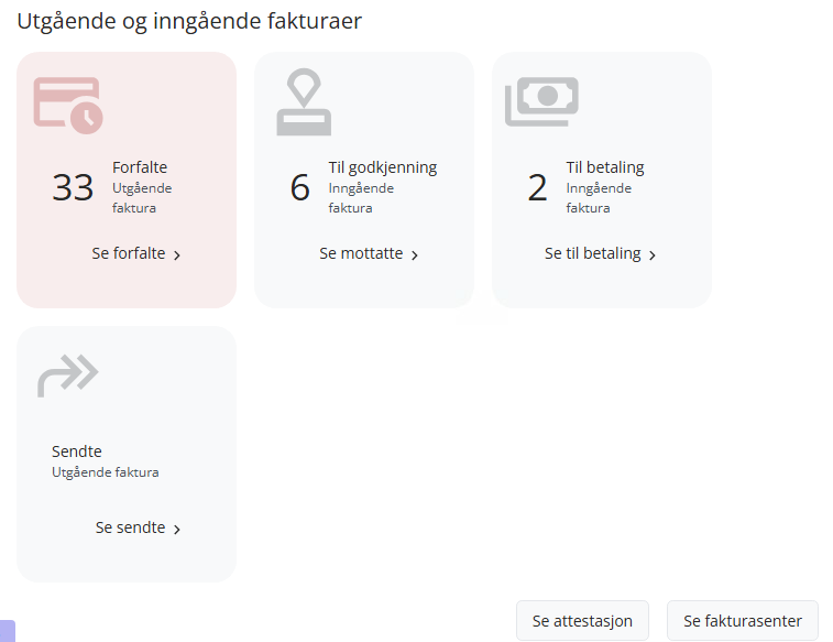 Bokser for utgående og inngående fakturaer på startsiden