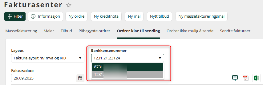 Boks for å velge bankkontonummer på utgående faktura til kunde
