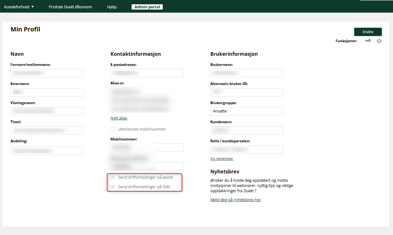 Innstillinger for å få tilsendt meldinger om driftsmeldinger i kundeforhold