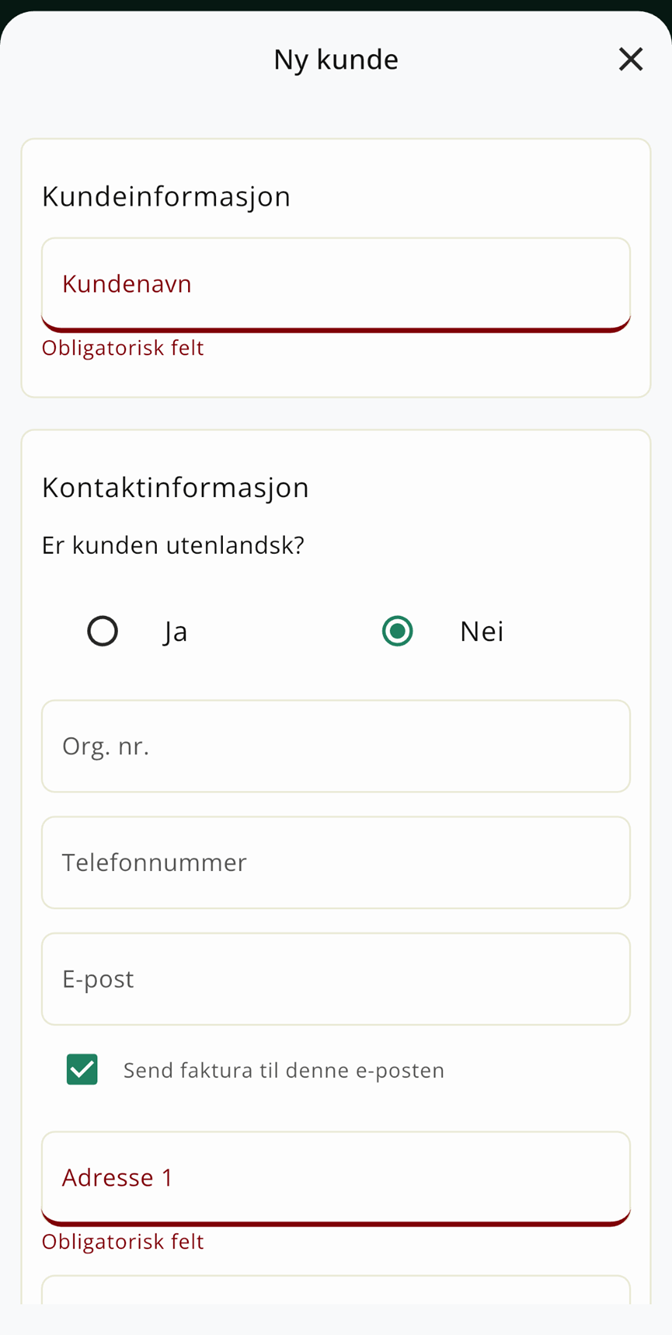 Påkrevde felter er markert i rødt