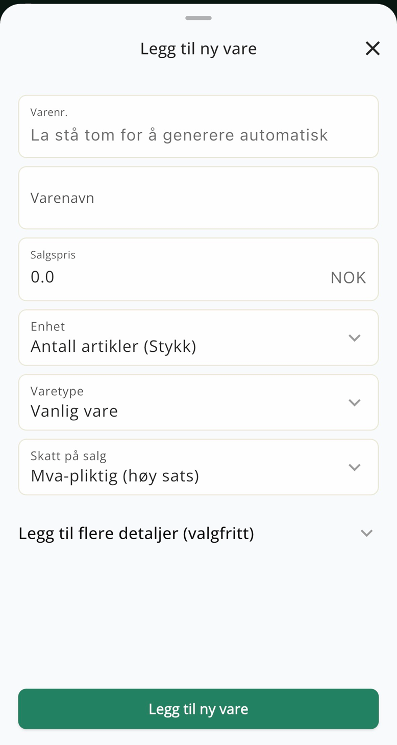 Skjermbilde for å opprette ny vare i duett appen