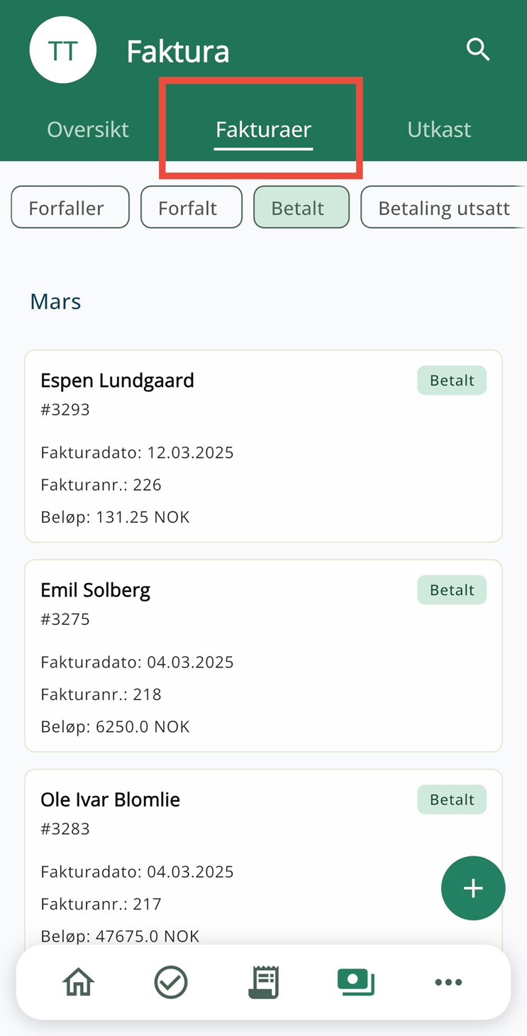 Arkfanen fakturaer i Duett appen