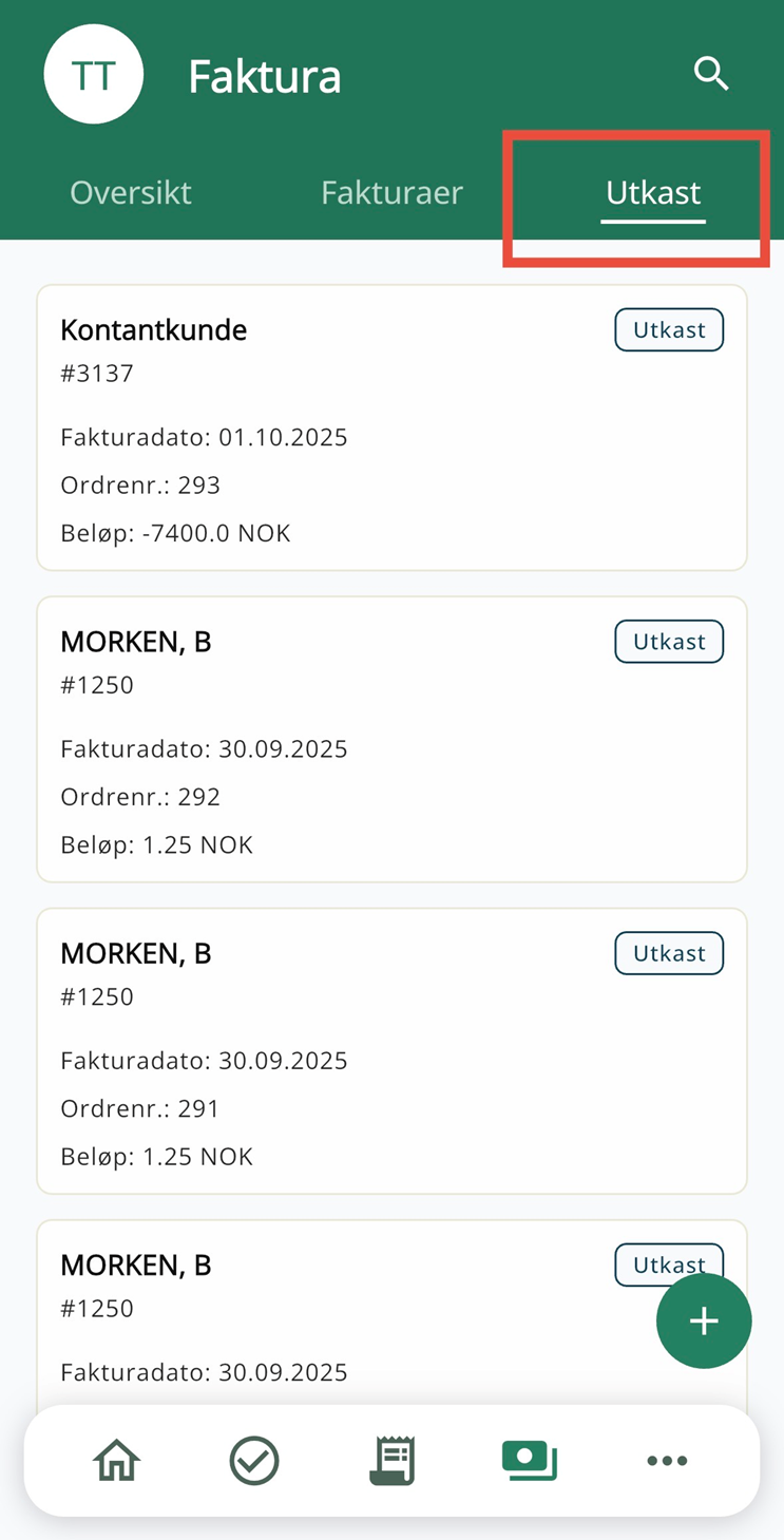Arkfanen Utkast under Faktura på appen