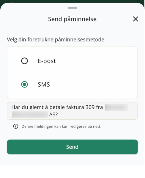 Velg mellom e-post eller sms når du sender betalingspåminnelse i app
