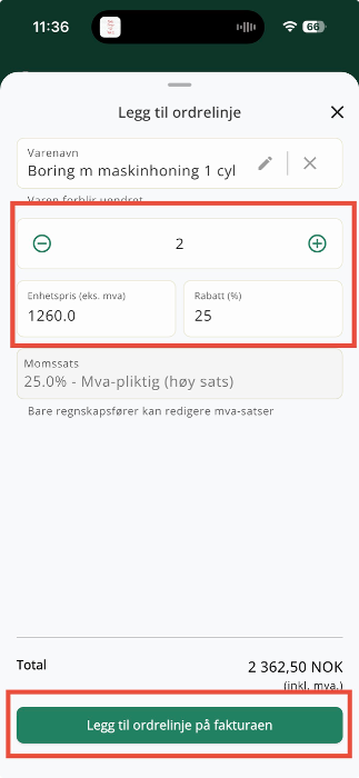 Legg til ordrelinje på fakturaen