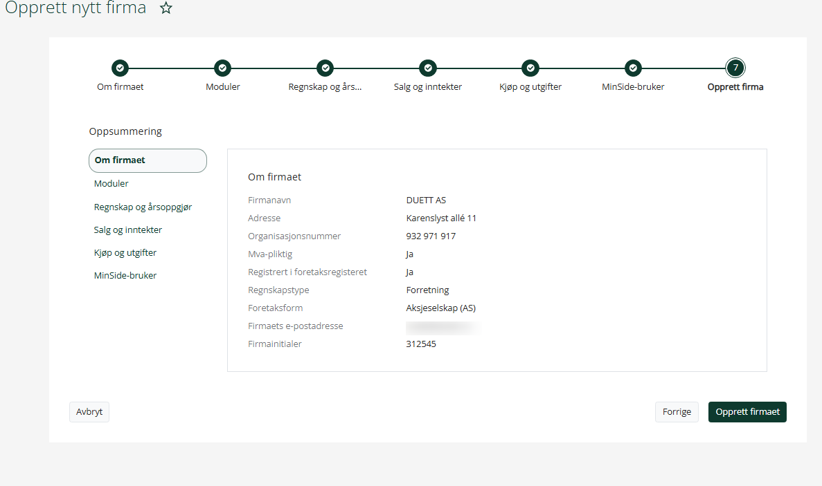 Oppsummering for nytt firma