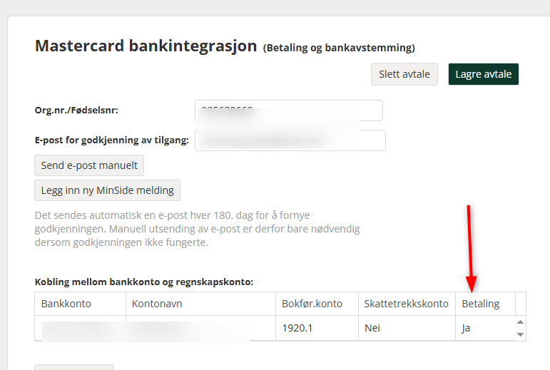 Er det valgt Ja til betaling på Mastercard-avtalen.