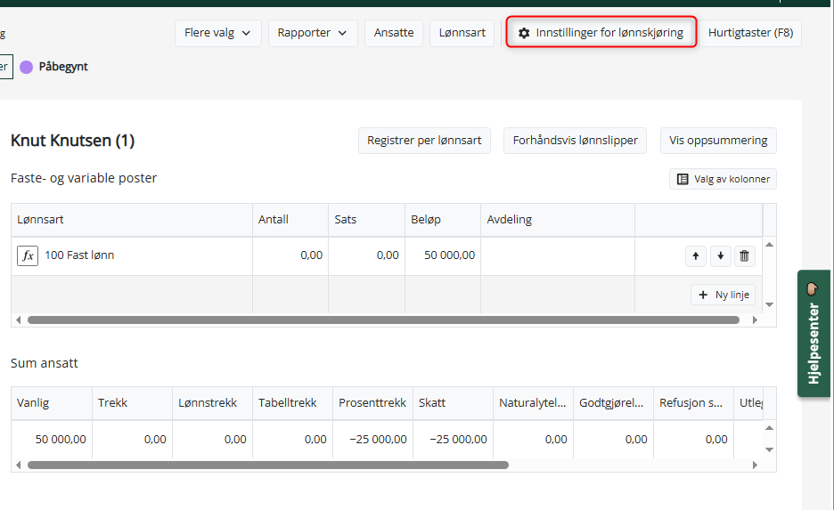Innstillinger for lønnskjøringen