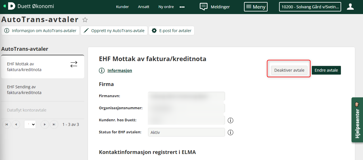Deaktiver EHF avtale