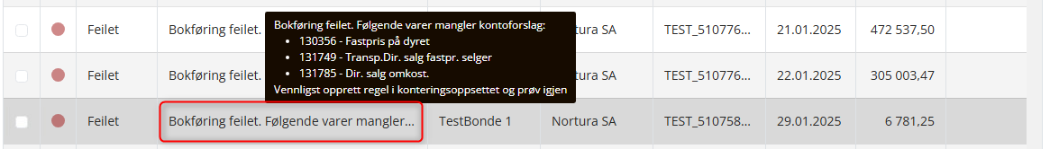Linje med bokføring feilet i Dataflyt avregning