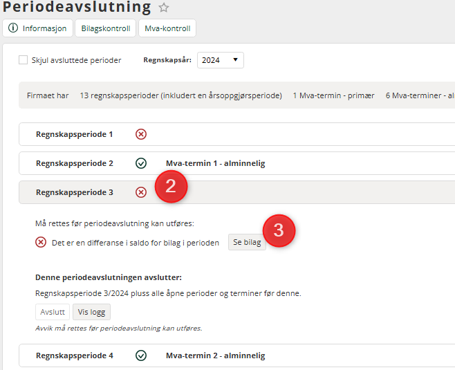 Hvordan se differanser i bilag i Periodeavslutning