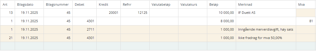 Eksempel på bilag med avvikende fradragssats