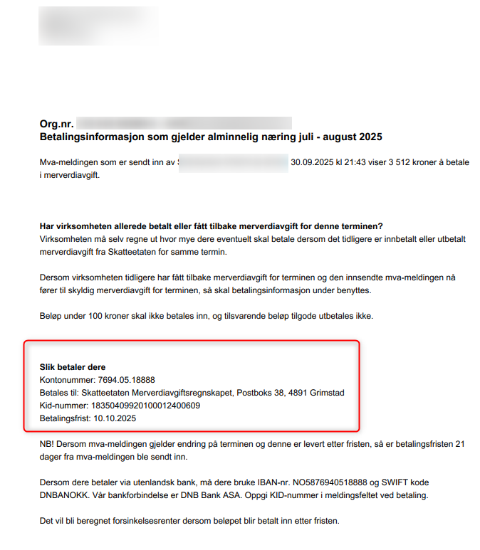 Kvittering for innsendt mva-melding