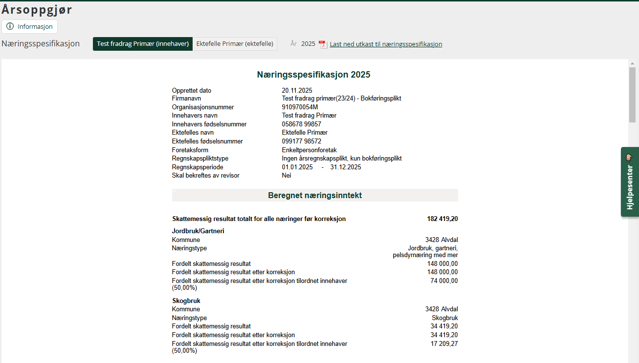 Arbeidspunktet næringsspesifikasjon