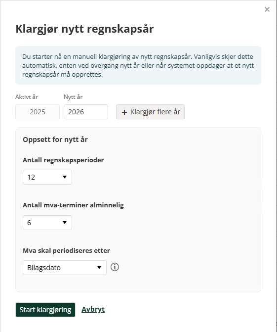 Skjermbildet for å klargjøre nytt regnskapsår