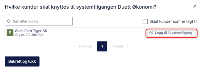 Legg til i systemtilgang på kunde