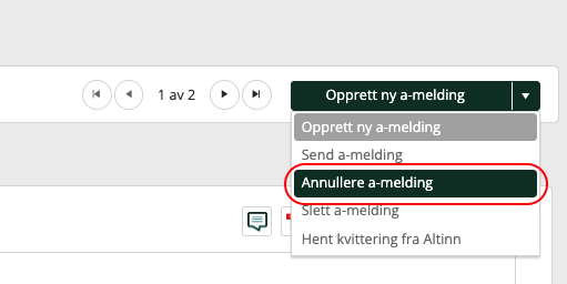 Viser hvor man trykker for å annullere en a-melding inne i a-meldingen