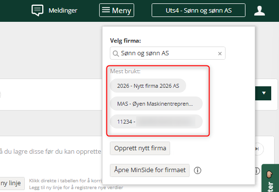 Mest brukte firma i firmavelgeren