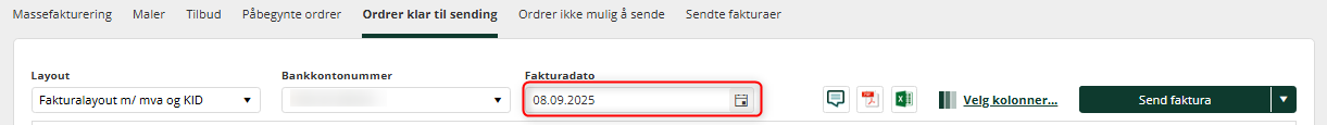 Fakturadato i fakturasenteret under Ordrer klar til sending