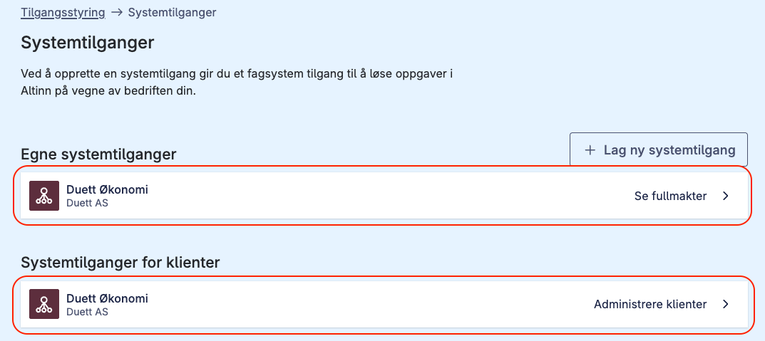 Systembruker tilganger i Altinn