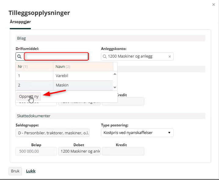 Knapp for å opprette nytt driftsmiddel