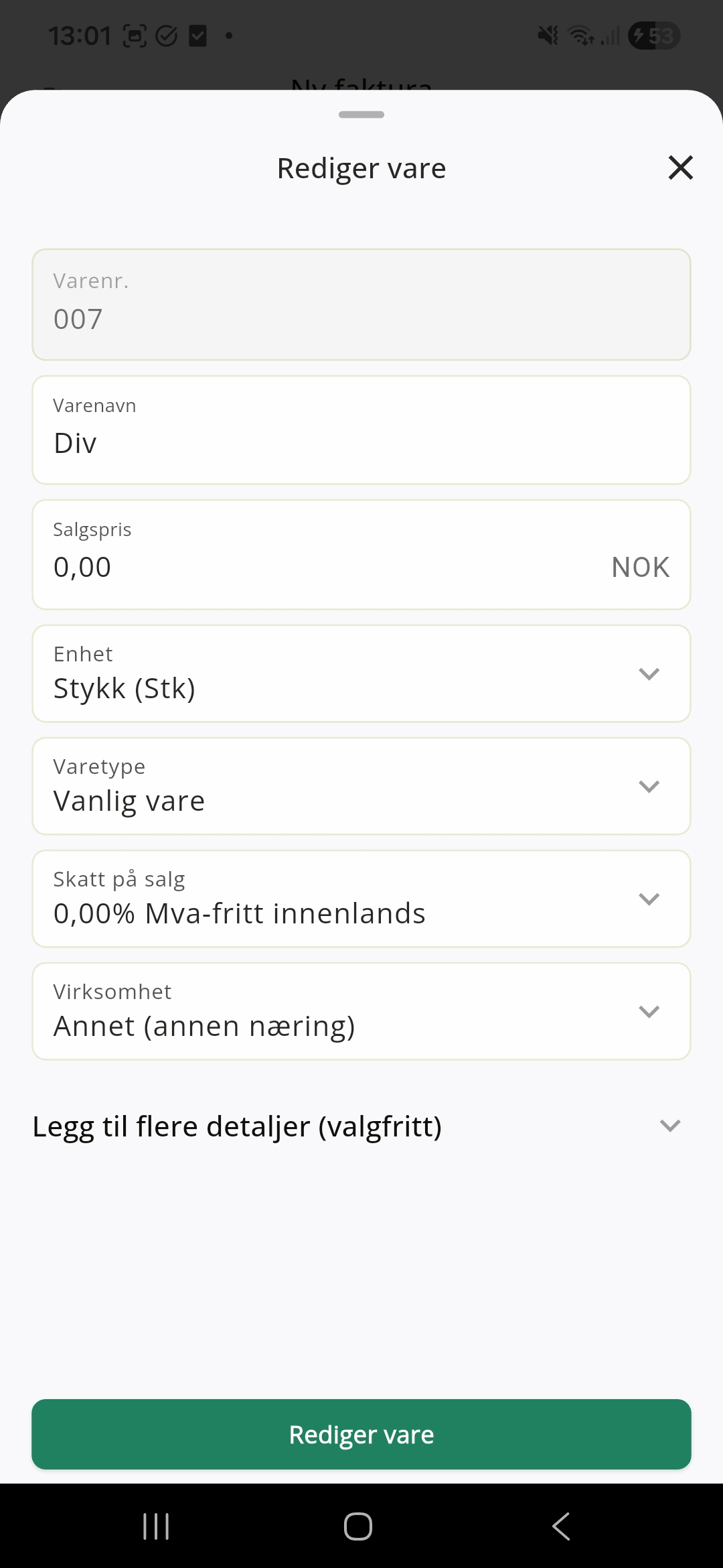 Skjermbildet for å redigere vare i appen