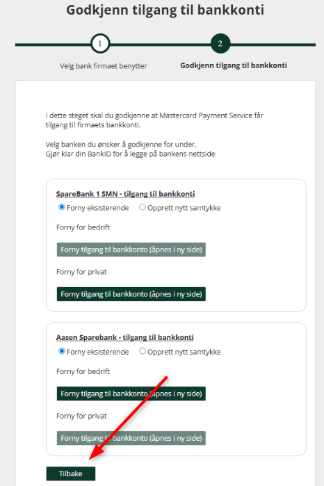Gå til steg 1 for å velge en annen bank i Mastercard-avtale-dialogen.