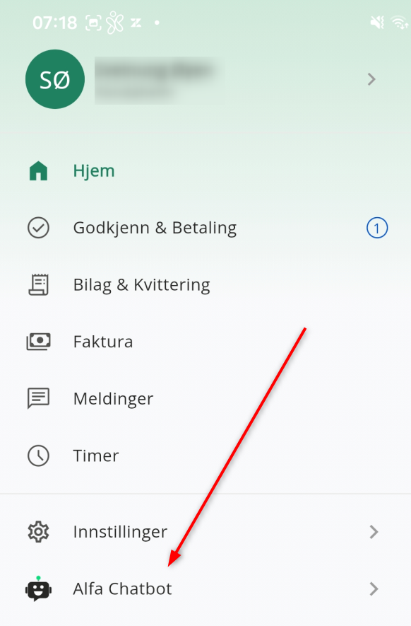Menyvalget Alfa i appen