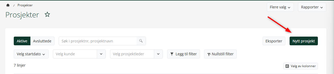 Knappen for å opprette nytt prosjekt