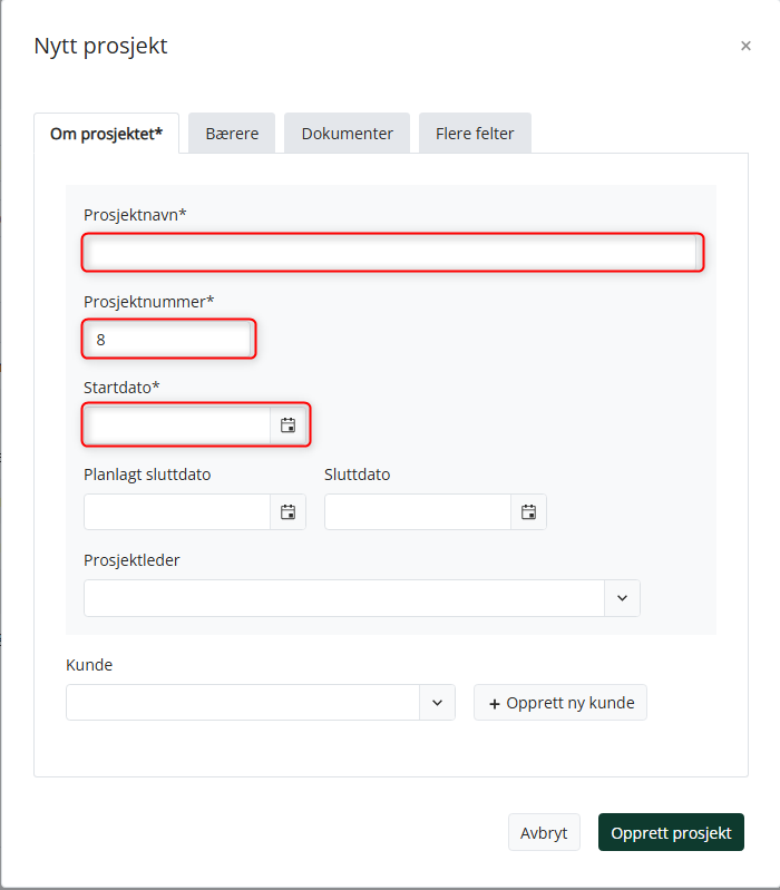 Påkrevde felter i nytt prosjekt