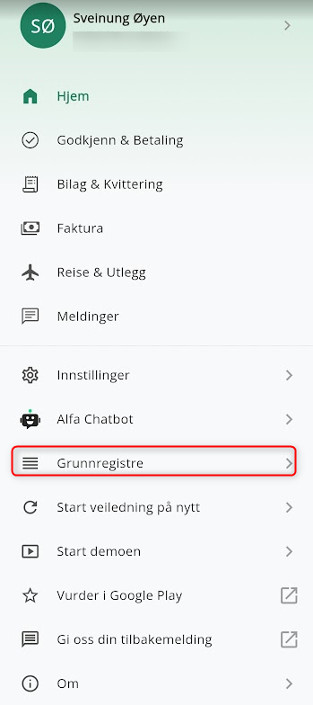 Knappen grunnregistre i appen
