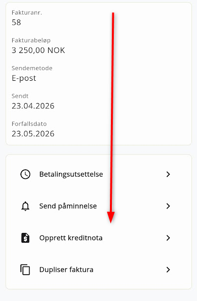 Knappen for å opprette kreditnota i Duett appen