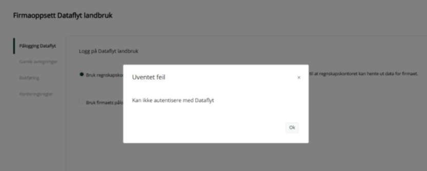 Uventet feil kan ikke autentisere med Dataflyt.