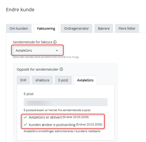 Sendemetode for avtalegiro på kunden.