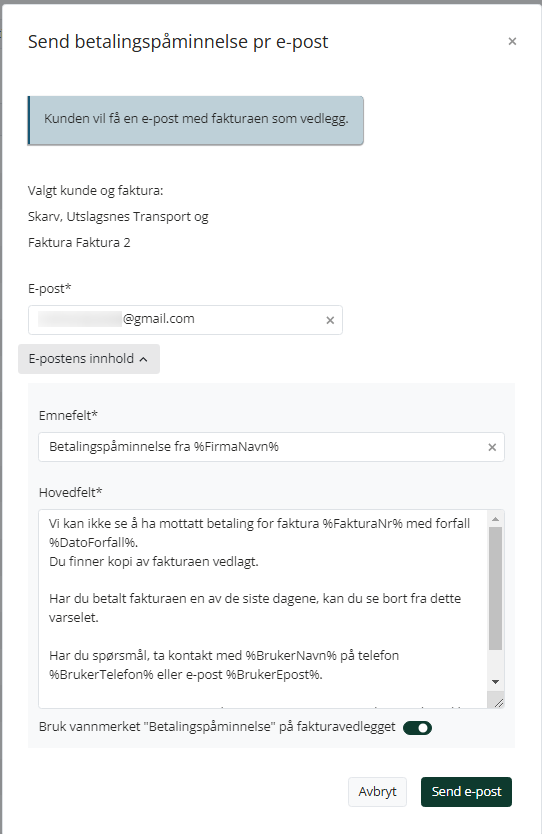 Dialog for sending av betalingspåminnelse på e-post