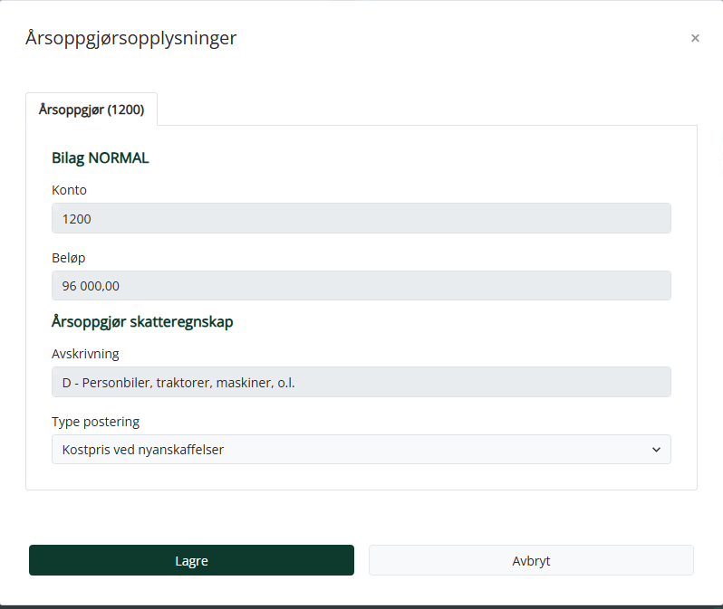 Dialog for årsoppgjørsopplysninger i Bilagsbehandling