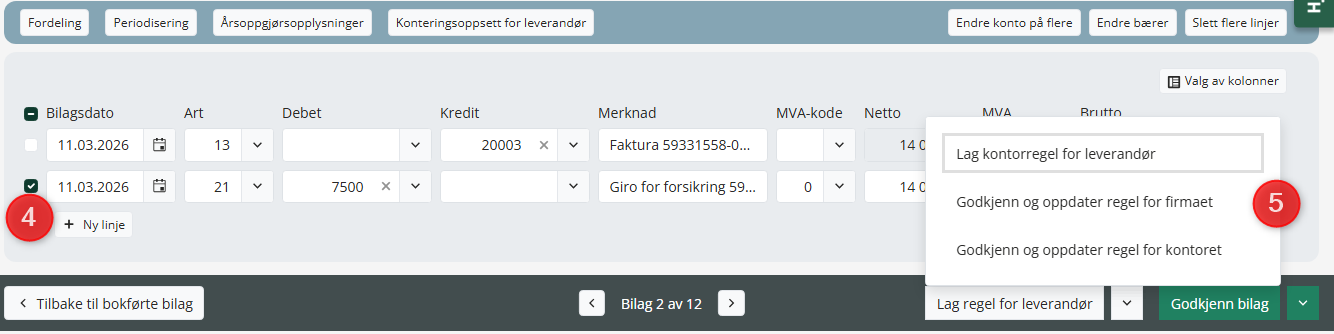 Valg for å lage konteringsregel i Bilagsbehandling