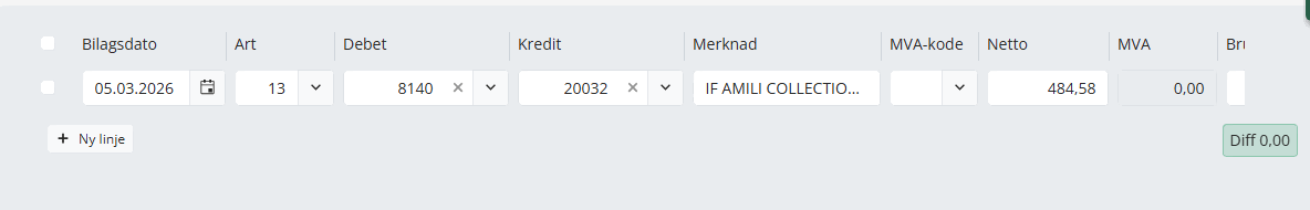 Som standard er det en bilagslinje