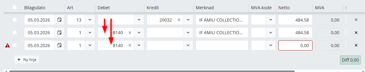 Konto for kostnad er flyttet ned når man trykker ny linje