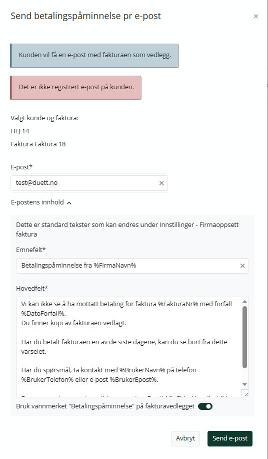 Dialog for sending av påminnelse på e-post.