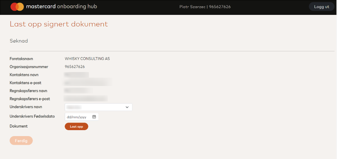 siden Last opp signert dokument i Mastercard onboarding hub
